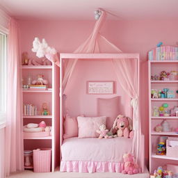 A youthful and sweet girl's room featuring pastel colors, fluffy pillows, a canopy bed, shelves filled with books and toys, and a dedicated study area.