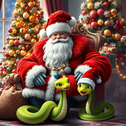 A beautiful and bright Grandfather Frost wearing a luxurious red fur coat with a fluffy white collar and a matching red hat, showcasing a large, fluffy white beard