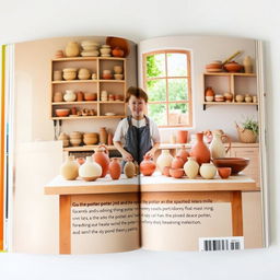 A beautifully designed back page of a book featuring a young potter in their creative workspace
