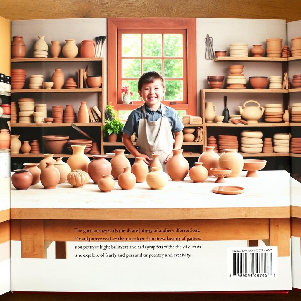 A beautifully designed back page of a book featuring a young potter in their creative workspace
