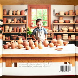 A beautifully designed back page of a book featuring a young potter in their creative workspace