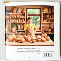 A beautifully designed back page of a book featuring a young potter in their creative workspace