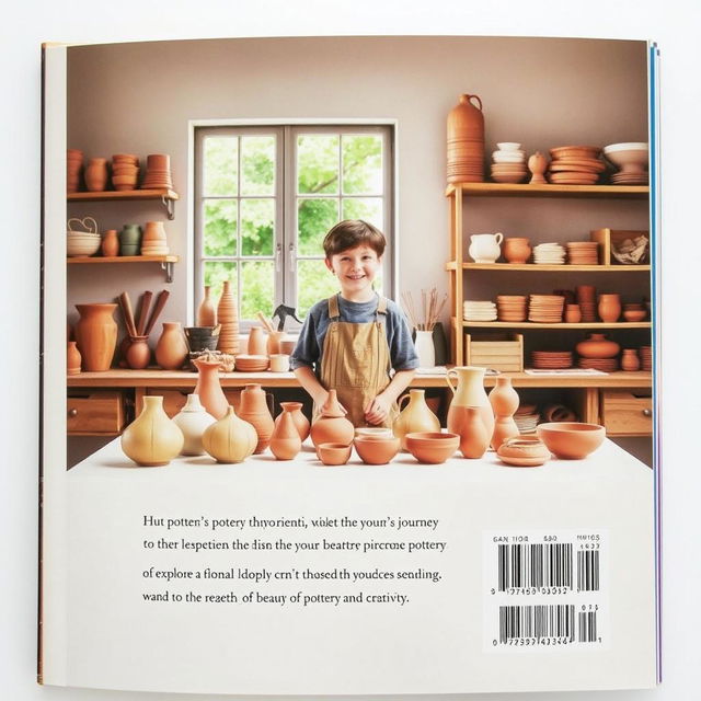 A beautifully designed back page of a book featuring a young potter in their creative workspace