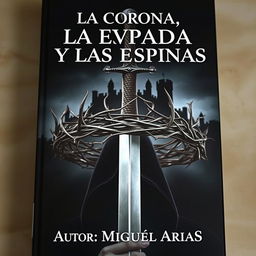 A striking book cover featuring a crown made of intertwining thorns, dramatically pierced by a sharp sword