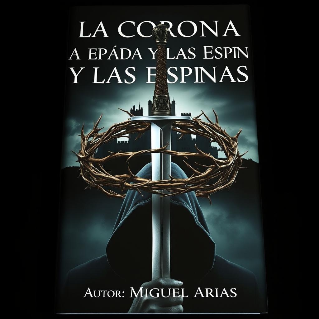 A striking book cover featuring a crown made of intertwining thorns, dramatically pierced by a sharp sword