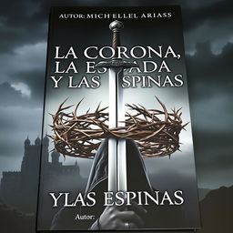 A striking book cover featuring a crown made of intertwining thorns, dramatically pierced by a sharp sword