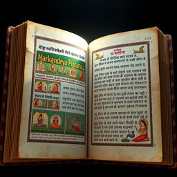 A detailed 3D visualization of the inner pages of the Markandeya Purana book, showcasing exquisite hand-painted illustrations and ancient script