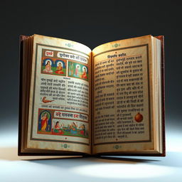 A detailed 3D visualization of the inner pages of the Markandeya Purana book, showcasing exquisite hand-painted illustrations and ancient script