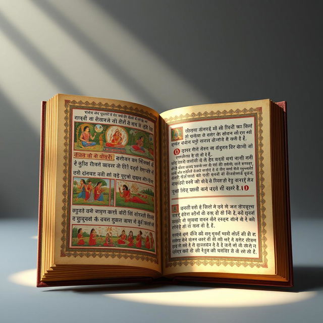 A detailed 3D visualization of the inner pages of the Markandeya Purana book, showcasing exquisite hand-painted illustrations and ancient script