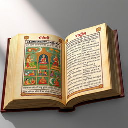 A detailed 3D visualization of the inner pages of the Markandeya Purana book, showcasing exquisite hand-painted illustrations and ancient script