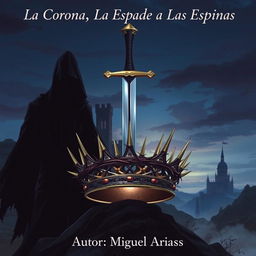 An artistic cover illustration showcasing a crown intricately covered in sharp thorns, dramatically pierced by a sleek, shiny sword