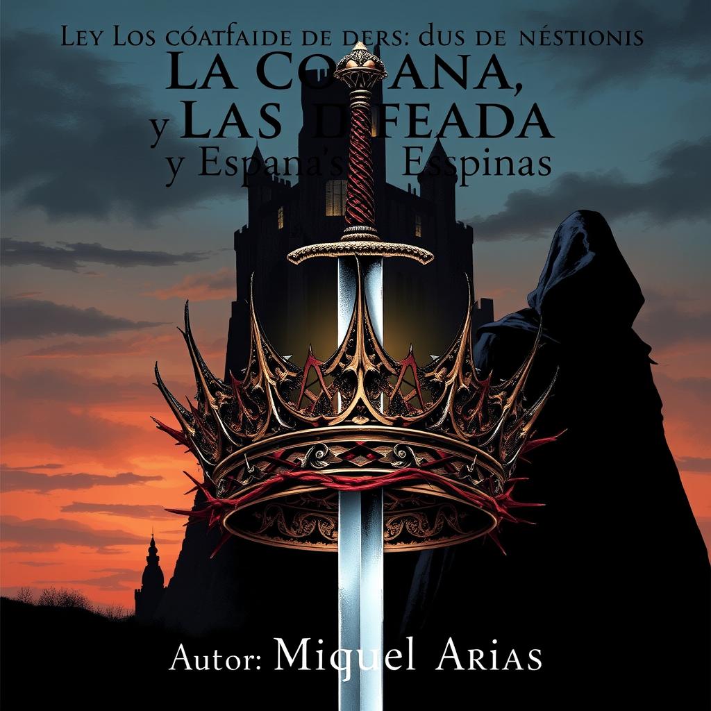 An artistic cover illustration showcasing a crown intricately covered in sharp thorns, dramatically pierced by a sleek, shiny sword