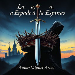 An artistic cover illustration showcasing a crown intricately covered in sharp thorns, dramatically pierced by a sleek, shiny sword