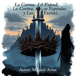 An artistic cover illustration showcasing a crown intricately covered in sharp thorns, dramatically pierced by a sleek, shiny sword