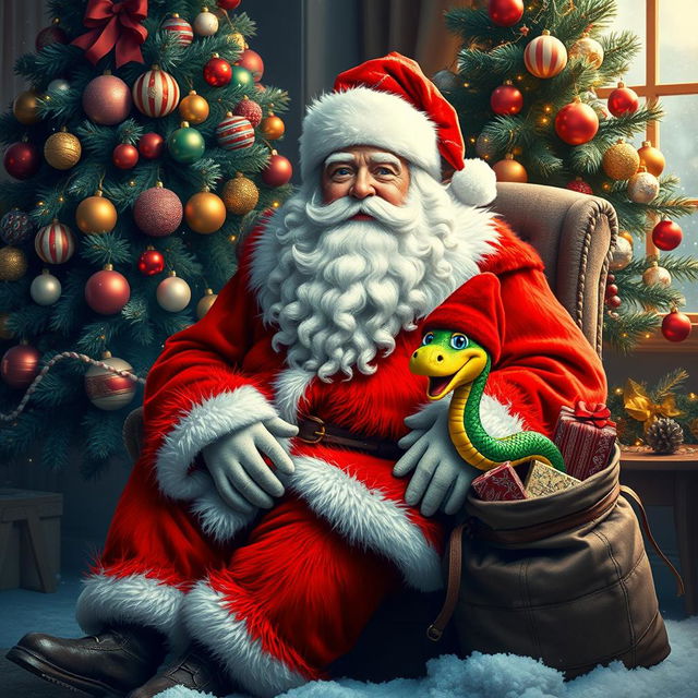 A beautiful Grandfather Frost sits in a cozy chair next to a luxurious New Year tree, adorned with colorful ornaments and twinkling lights