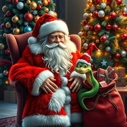 A beautiful Grandfather Frost sits in a cozy chair next to a luxurious New Year tree, adorned with colorful ornaments and twinkling lights