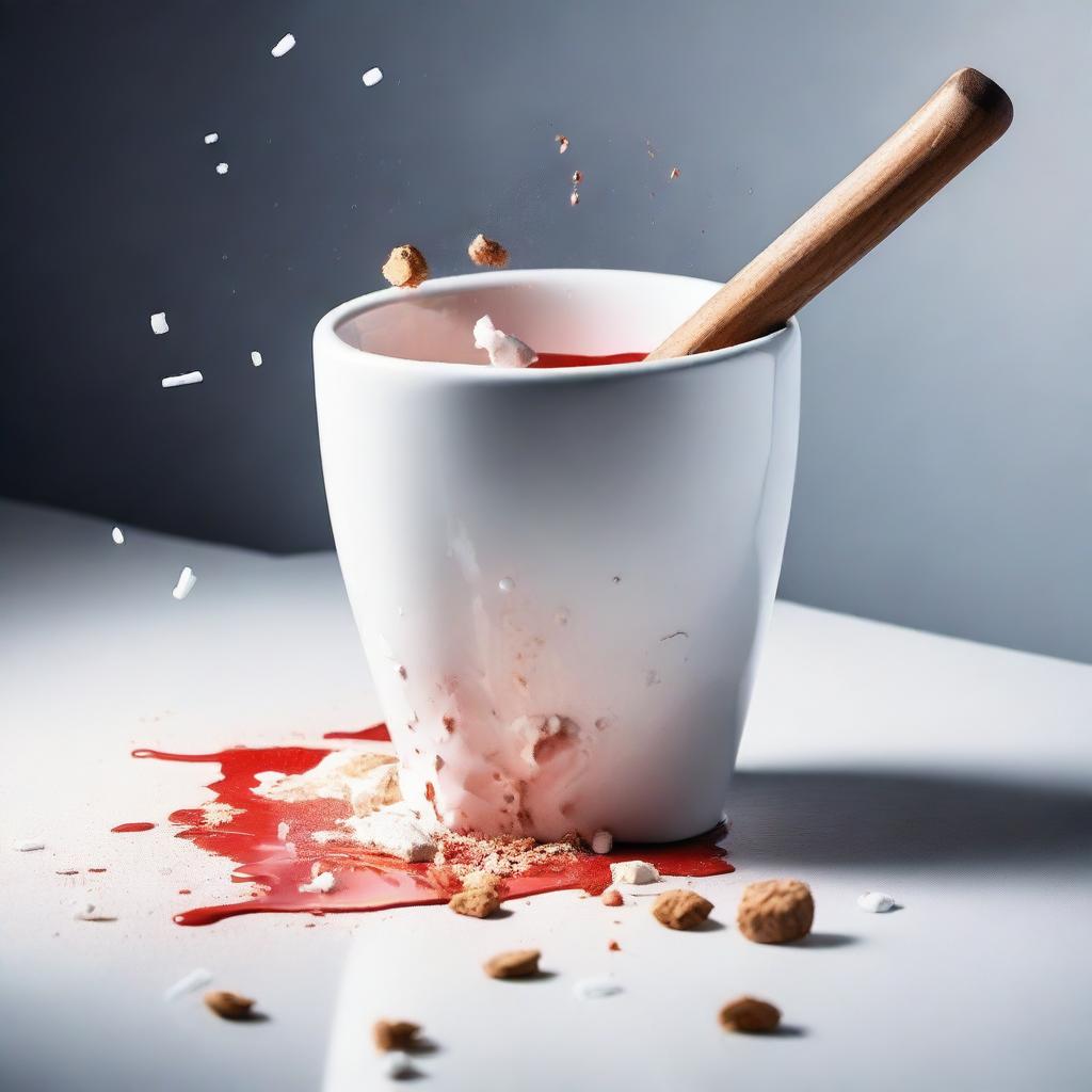 A high-quality, real-life photograph capturing the moment a real white cup is eaten with a hammer until it shatters into pieces