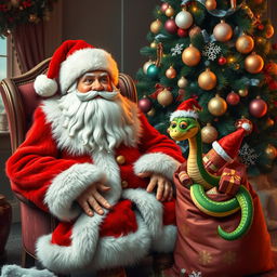 A beautiful Grandfather Frost sits in a cozy chair next to a luxurious New Year tree, adorned with colorful ornaments and twinkling lights