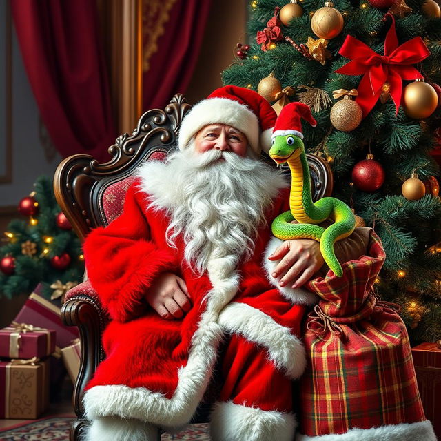A beautiful and vibrant Grandfather Frost sitting in an ornate chair beside a luxurious New Year tree