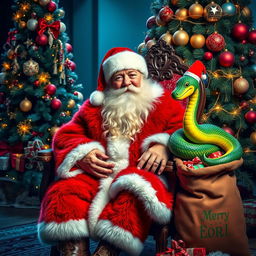 A beautiful and vibrant Grandfather Frost sitting in an ornate chair beside a luxurious New Year tree
