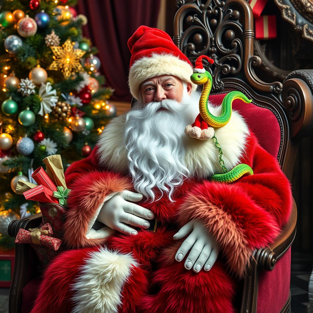 A beautiful and vibrant Grandfather Frost sitting in an ornate chair beside a luxurious New Year tree