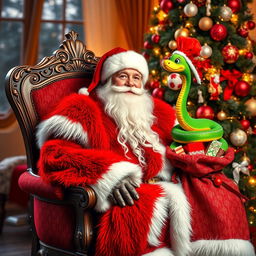 A beautiful and vibrant Grandfather Frost sitting in an ornate chair beside a luxurious New Year tree