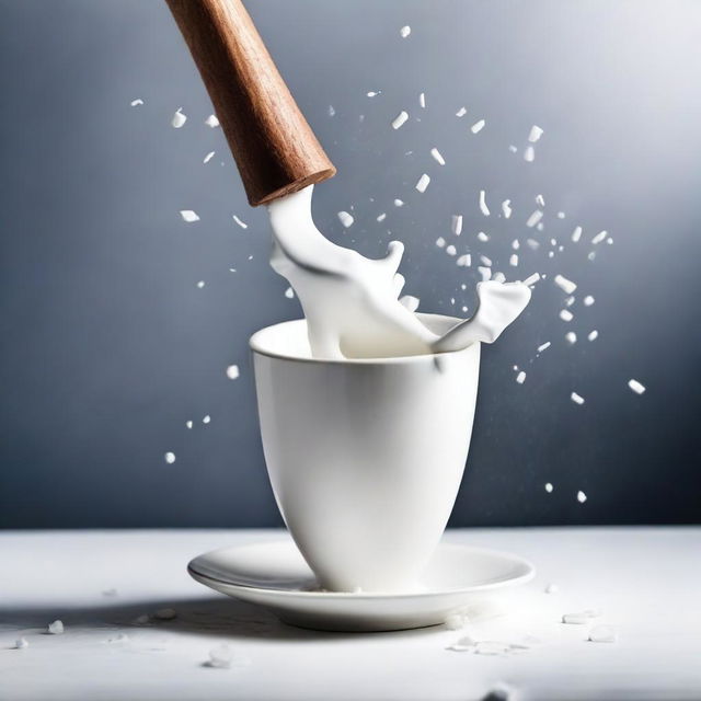 A high-quality, real-life photograph capturing the moment a real white cup is eaten with a hammer until it shatters into pieces