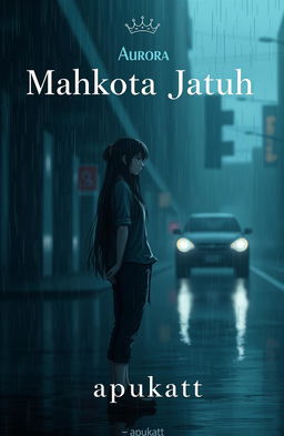A moody and melancholic design featuring a character named Aurora standing alone in the rain