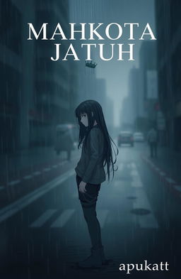 A moody and melancholic design featuring a character named Aurora standing alone in the rain