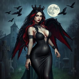 A beautifully eerie and mystical scene featuring a curvy, sexy girl with very long black, red, and silver hair