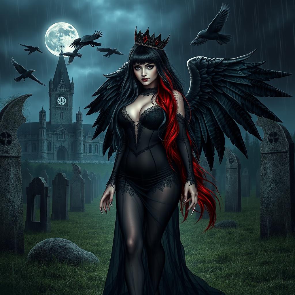 A beautifully eerie and mystical scene featuring a curvy, sexy girl with very long black, red, and silver hair