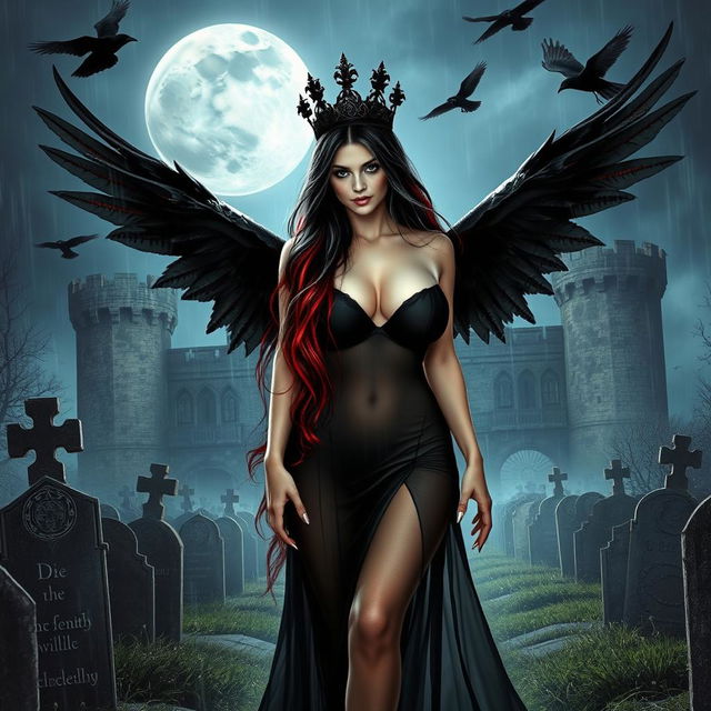 A beautifully eerie and mystical scene featuring a curvy, sexy girl with very long black, red, and silver hair