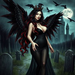 A beautifully eerie and mystical scene featuring a curvy, sexy girl with very long black, red, and silver hair
