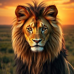 A young male lion hybrid featuring a human face, with a majestic lion mane and prominent lion ears