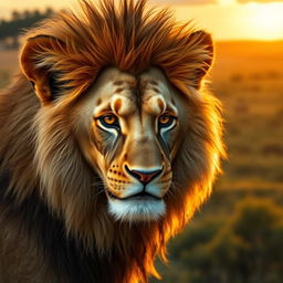 A young male lion hybrid featuring a human face, with a majestic lion mane and prominent lion ears