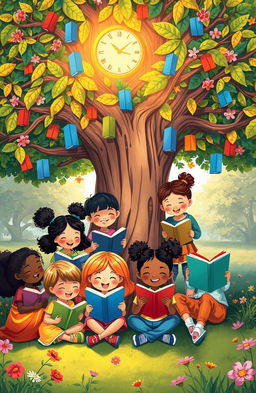 A whimsical illustration of a diverse group of children gathered around a large, colorful tree, immersed in reading a variety of books