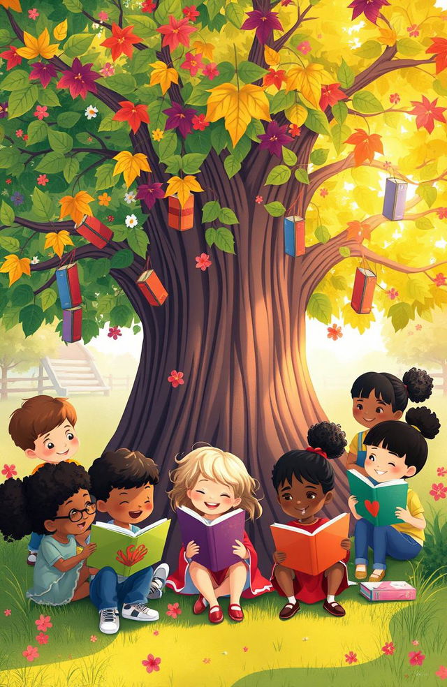 A whimsical illustration of a diverse group of children gathered around a large, colorful tree, immersed in reading a variety of books