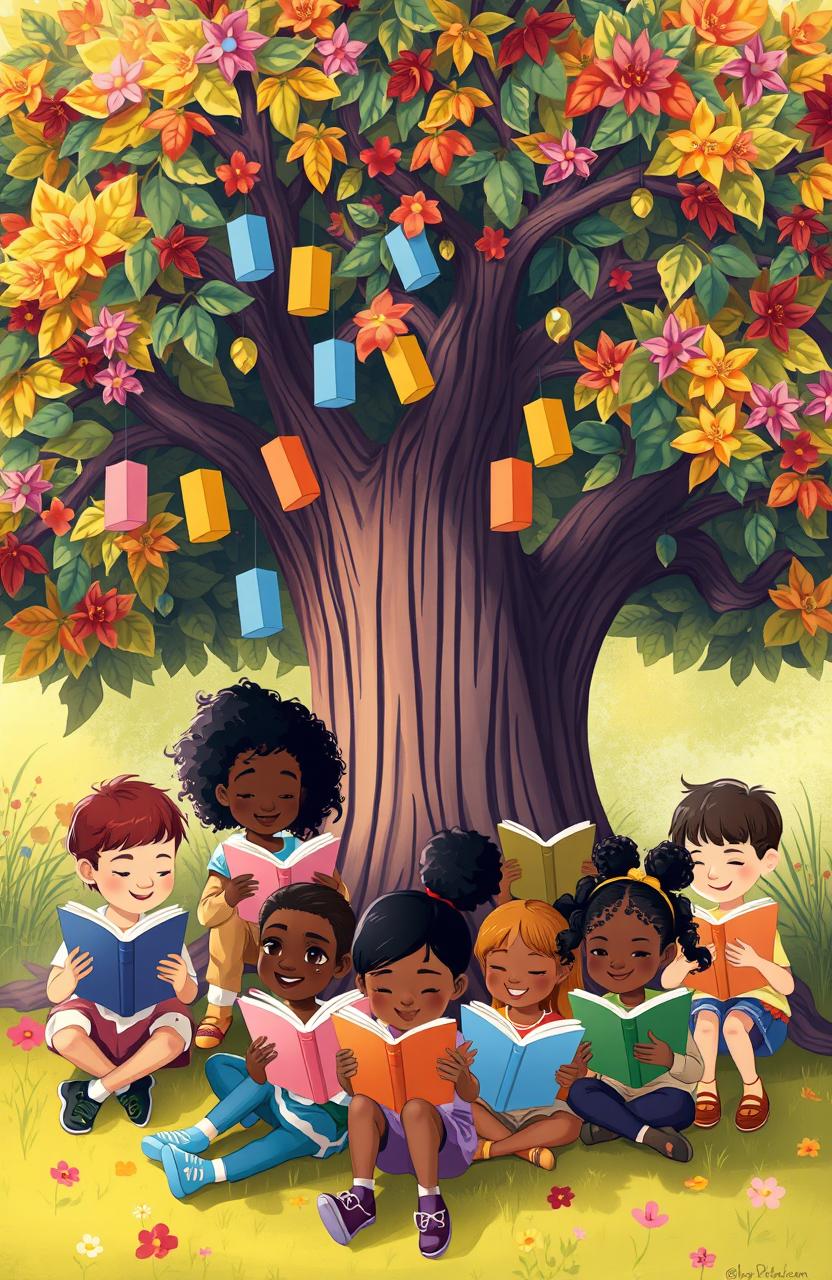 A whimsical illustration of a diverse group of children gathered around a large, colorful tree, immersed in reading a variety of books