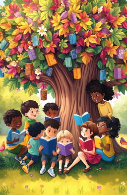 A whimsical illustration of a diverse group of children gathered around a large, colorful tree, immersed in reading a variety of books
