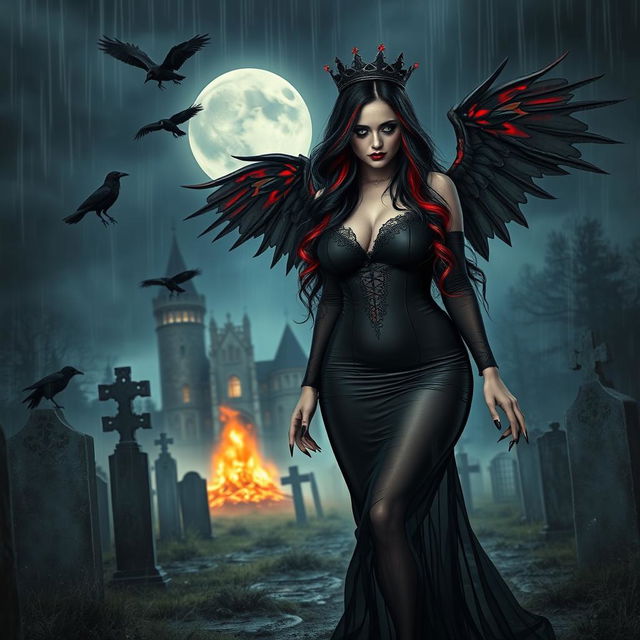 A beautifully eerie and mystical scene featuring a curvy, sexy girl with very long black, red, and silver hair