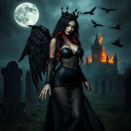 A beautifully eerie and mystical scene featuring a curvy, sexy girl with very long black, red, and silver hair