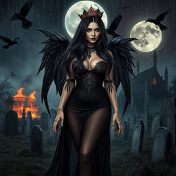 A beautifully eerie and mystical scene featuring a curvy, sexy girl with very long black, red, and silver hair