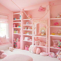 A youthful and sweet girl's room featuring pastel colors, fluffy pillows, a canopy bed, shelves filled with books and toys, and a dedicated study area.