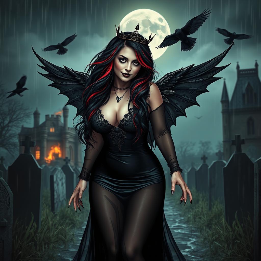 A beautifully eerie and mystical scene featuring a curvy, sexy girl with very long black, red, and silver hair