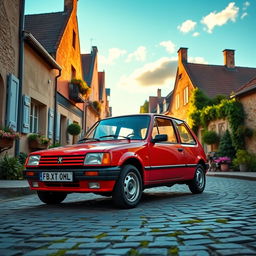 A classic Peugeot 205 parked on a picturesque cobblestone street in a charming European village