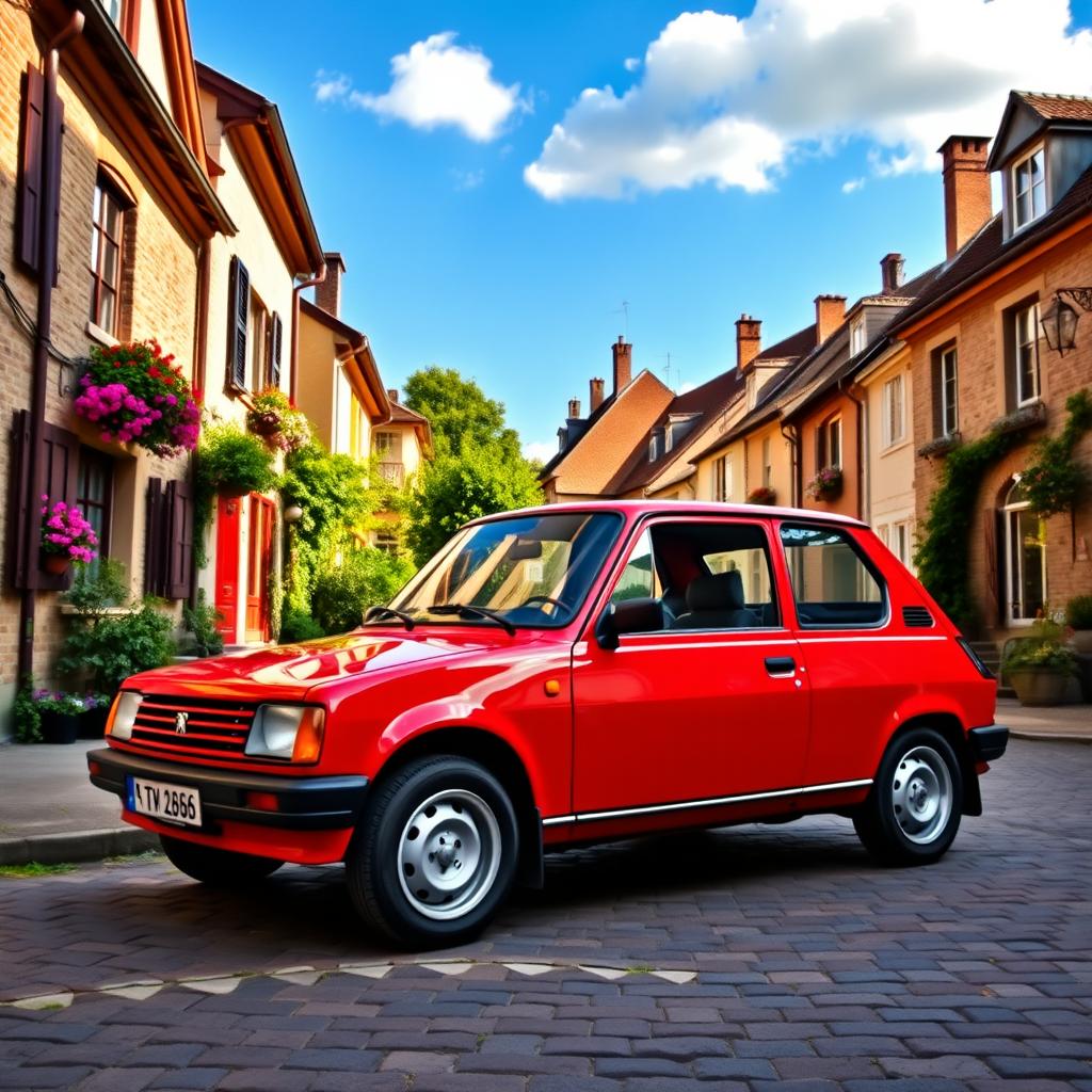 A classic Peugeot 205 parked on a picturesque cobblestone street in a charming European village