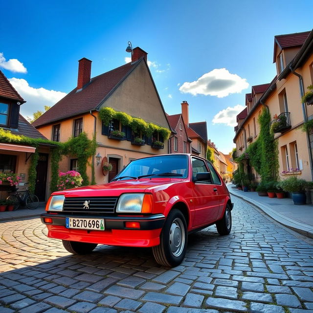 A classic Peugeot 205 parked on a picturesque cobblestone street in a charming European village