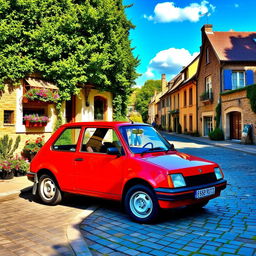 A classic Peugeot 205 parked on a picturesque cobblestone street in a charming European village