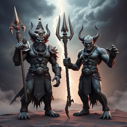 A striking 3D depiction of the two demons, Shumbha and Nishumbha, from Hindu mythology