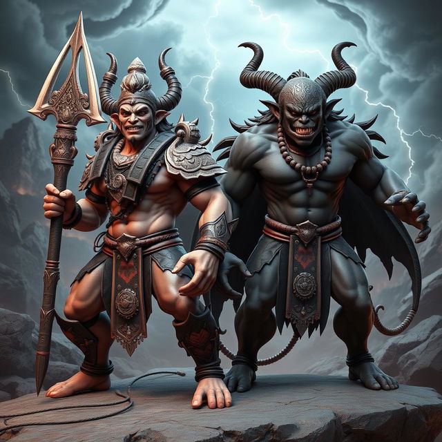 A striking 3D depiction of the two demons, Shumbha and Nishumbha, from Hindu mythology